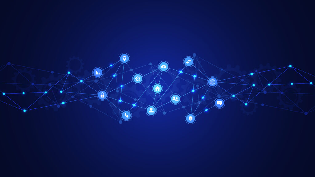 Information technology background with infographic elements and flat icons. Digital technology, network connection and communication concept