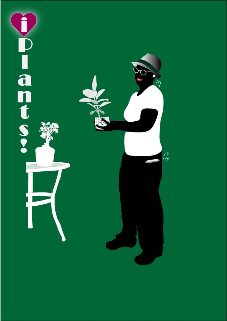 Adobe Illustrator image trace of a black and white silhouette of Kathleen holding a small potted plant. With text and glyphs saying I heart plants!