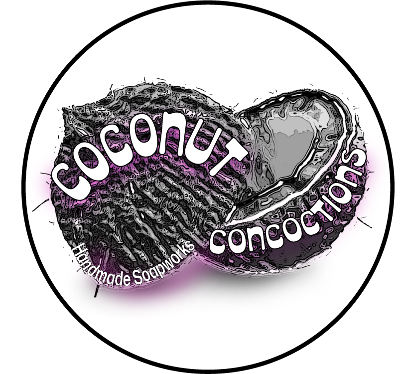 Coconut Concoction: A Handmade Soapworks Logo in Black and white with fuchsia hue drop shadow beneath the lettering