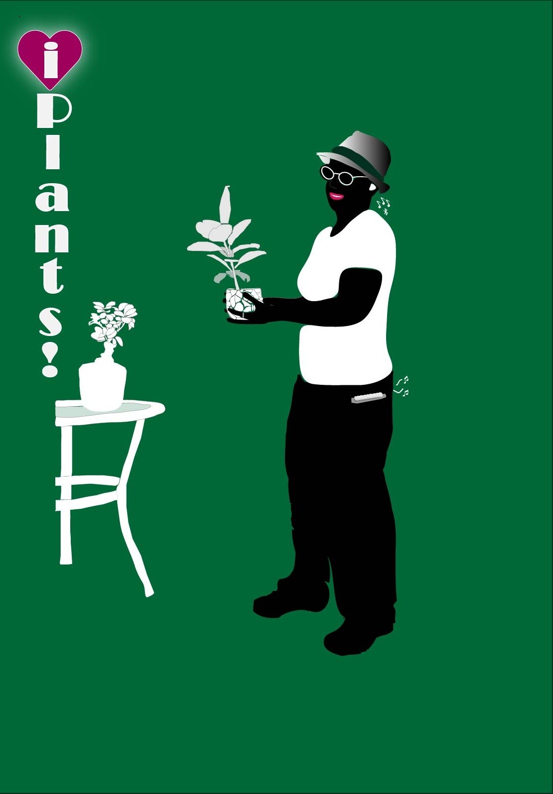 silhouette image tracing on a dark green background of a woman holding a small decorative pot with a plant and words stating, "I ❤️ Plants!"