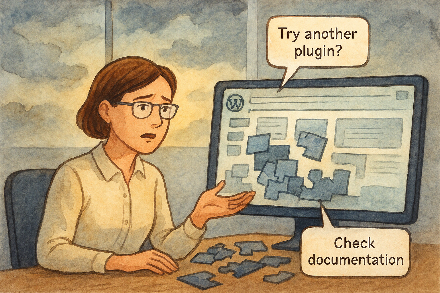 "An illustration of a woman writing the website story about the difficulty of learning WordPress to create an accessible portfolio website, and asking Ai for assistance with failed attempts" Created by ChatGPT