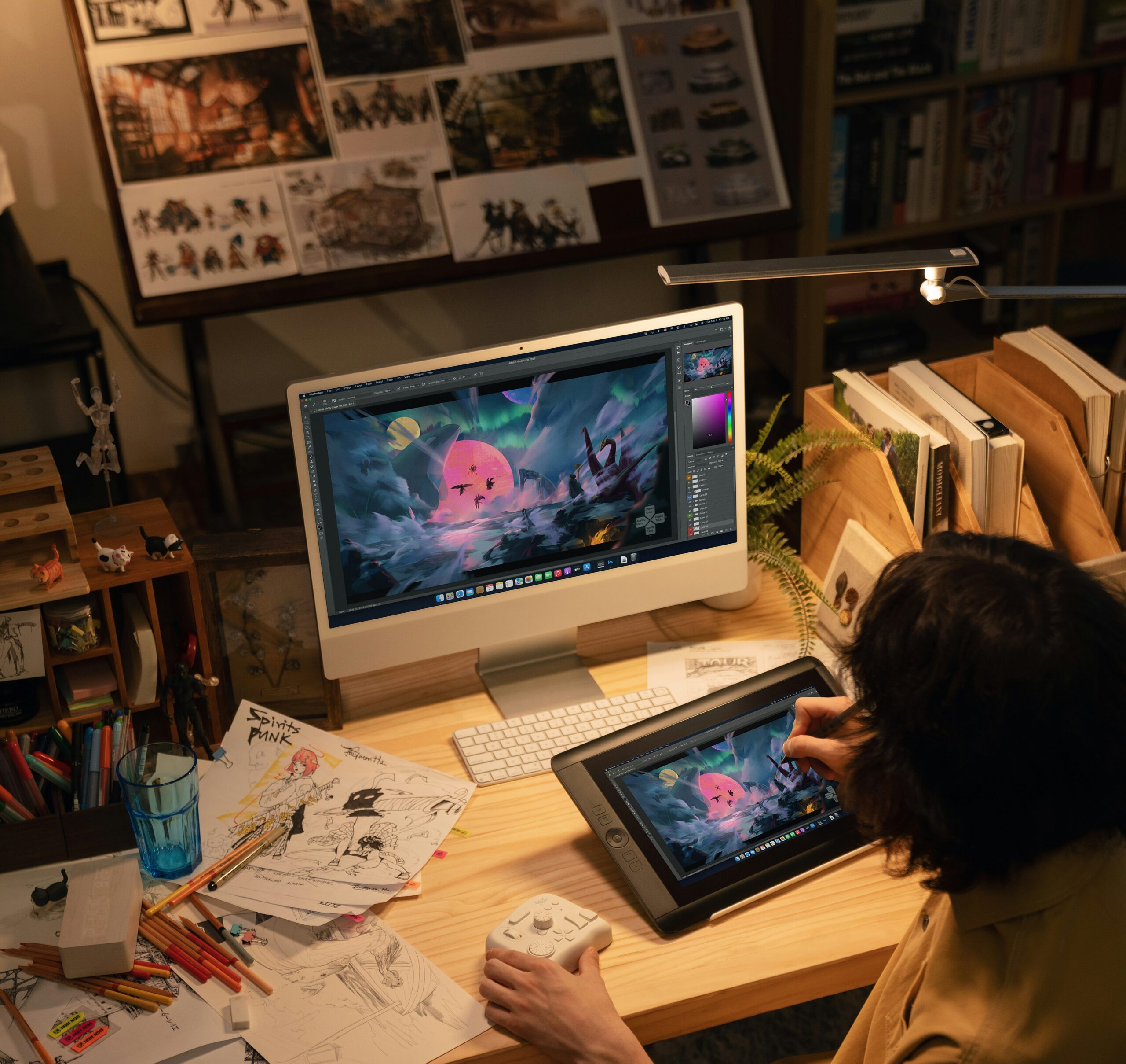 Artist creating digital art at a desk