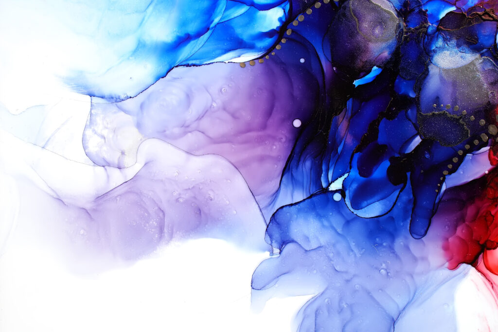 Dark Blue and Violet Colors alcohol ink diffusion on white background. Mystical and ethereal.